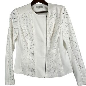 Kate Rosy Womens L White Geometric Eyelet Asymmetrical Zip Jacket Modern Chic